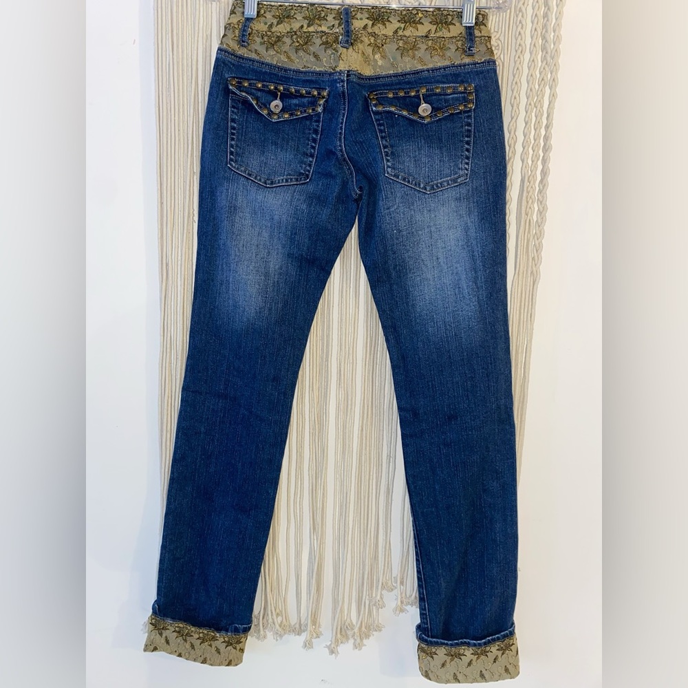 Y2K 9.8 Jeans with laced sequins detail on belt & ankle 
Size 5